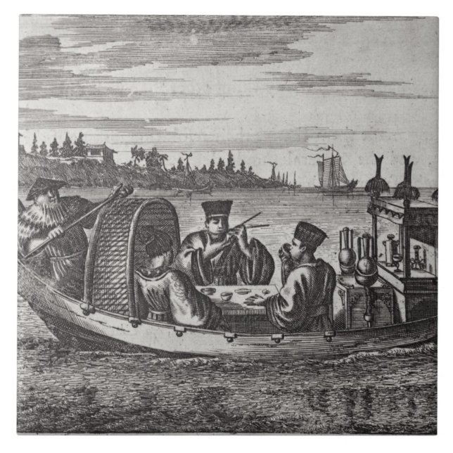 A Wealthy Mandarin Dining in a Boat, illustration Ceramic Tile (Front)