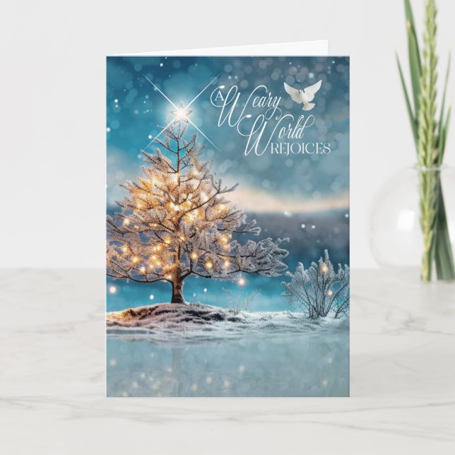 A Weary World Rejoices Winter Christmas Tree Dove Holiday Card (Front)