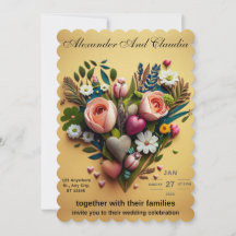 A wedding invitation made of flowers and hearts