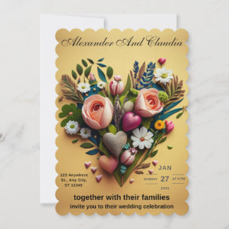 A wedding invitation made of flowers and hearts