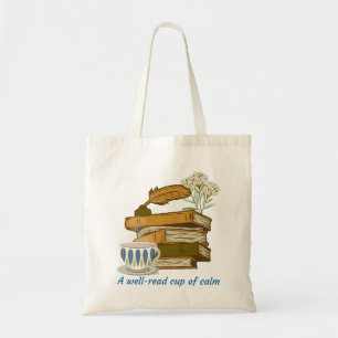 A well-read cup of calm tote bag