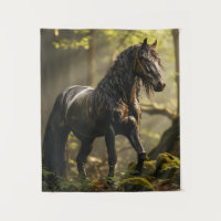 A wet black curly horse stands in a green forest