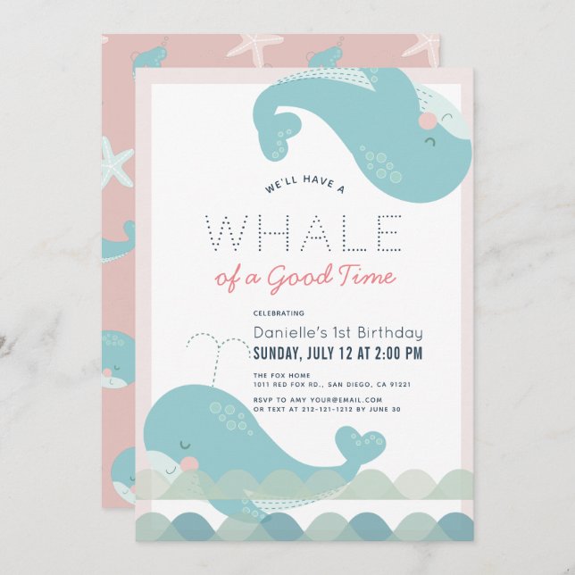 A Whale of a Good Time Pink Girl 1st Birthday Invitation (Front/Back)