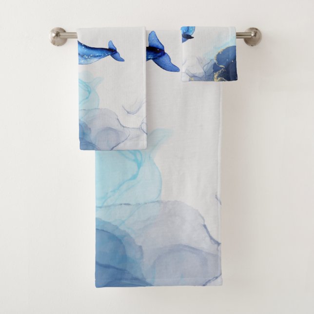 A Whale On Blue Gold Fluid Art In Alcohol Ink Tech Bath Towel Set (Insitu)
