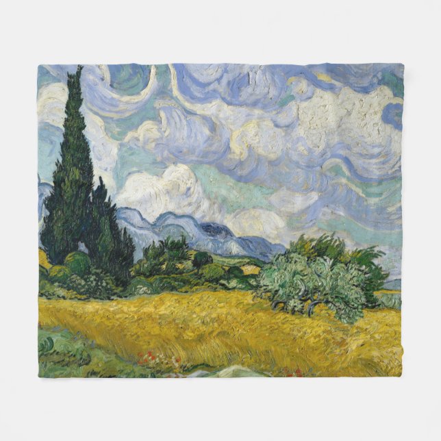 A Wheatfield with Cypresses Van Gogh Fleece Blanket (Front (Horizontal))