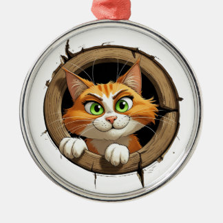 A Whimsical Cartoon Cat with Bright Green Eyes Pee Metal Ornament