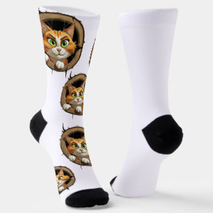 A Whimsical Cartoon Cat with Bright Green Eyes Pee Socks