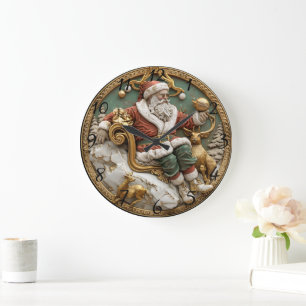 A whimsical Christmas scene with Santa and deer Large Clock