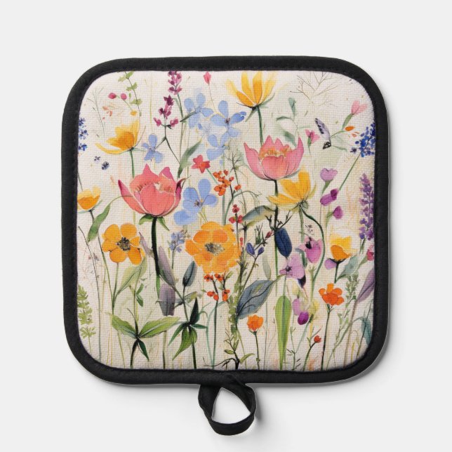 A whimsical floral kitchen accesory, wild flowers  pot holder (Front)