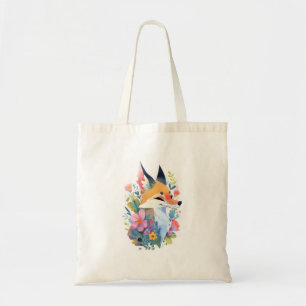 A whimsical scene of a cute fox in the flowers tote bag