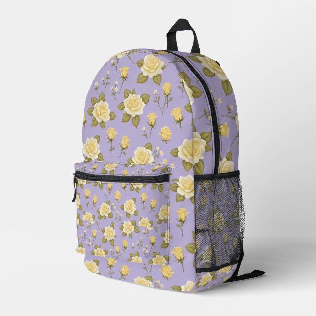 A Whimsical Tiny Yellow And White Roses Printed Backpack (Back Corner Right)