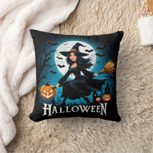 A whimsical witch flying under a full moon cushion