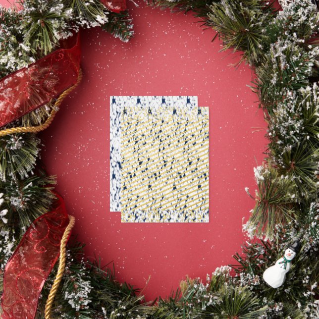 a white and blue background with a pattern foil holiday postcard (Insitu)