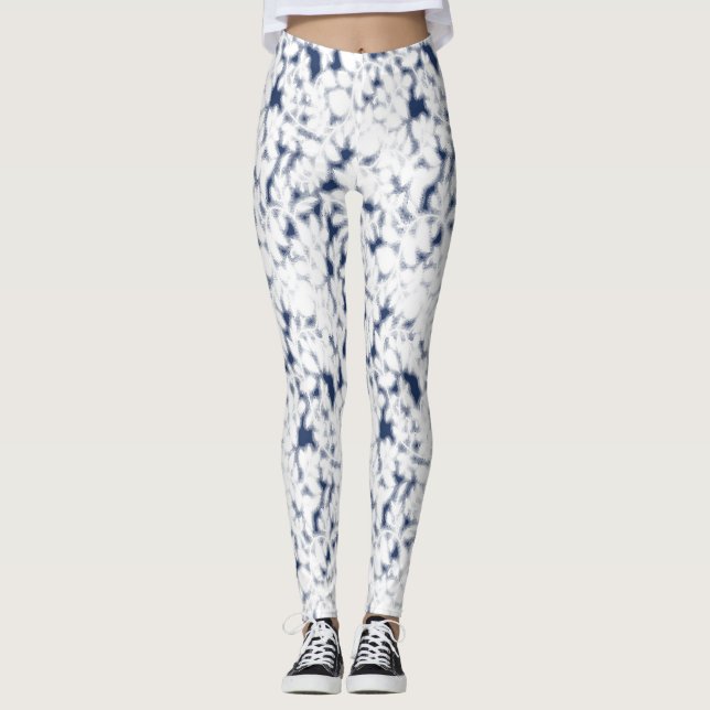 a white and blue background with a pattern leggings (Front)