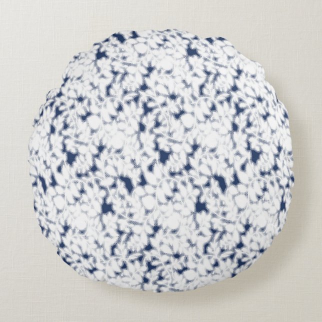 a white and blue background with a pattern round cushion (Front)