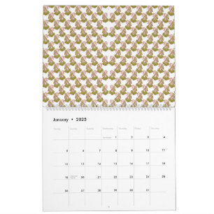 a white background with a pattern of green leaves calendar