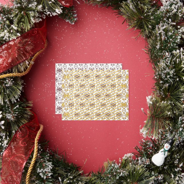  a white background with a red pattern on it foil holiday postcard (Insitu)