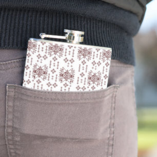  a white background with a red pattern on it hip flask