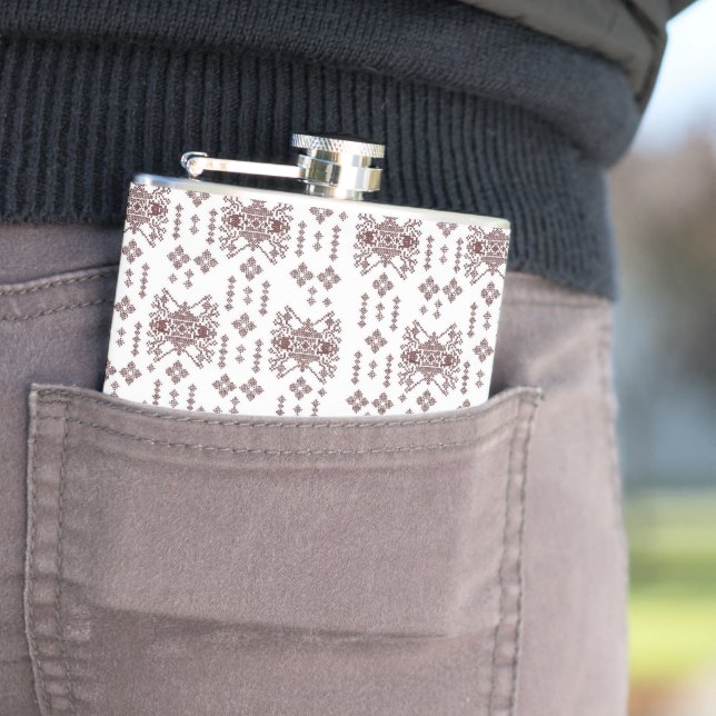  a white background with a red pattern on it hip flask (In Situ)
