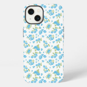 a white background with blue flowers and green lea iPhone 13 case