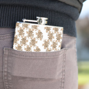 a white background with brown flowers on it hip flask