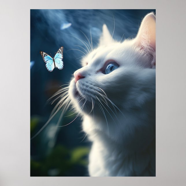 A White Cat with Blue Eyes Looks at a Butterfly Poster (Front)