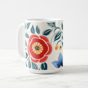 A white ceramic mug featuring a bold floral design