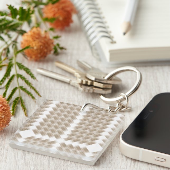 A white, equilateral triangle centred on a plain  key ring (Front Right)
