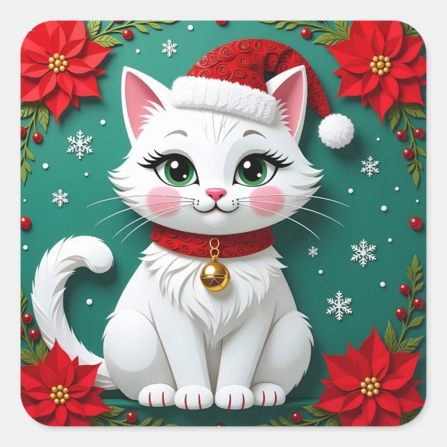 A White Festive Cat with a Christmas Background Square Sticker (Front)