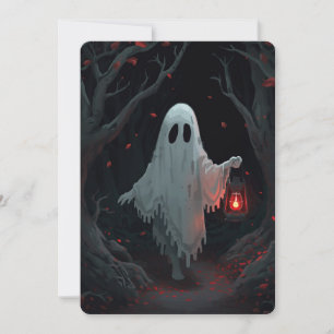 A white ghost holding a red lantern in a hamfores invitation