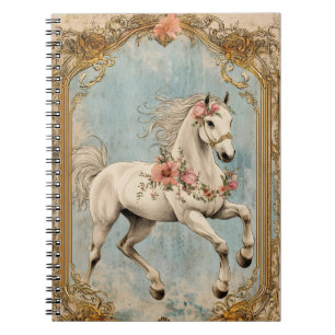A white horse adorned with a garland of flowers, notebook