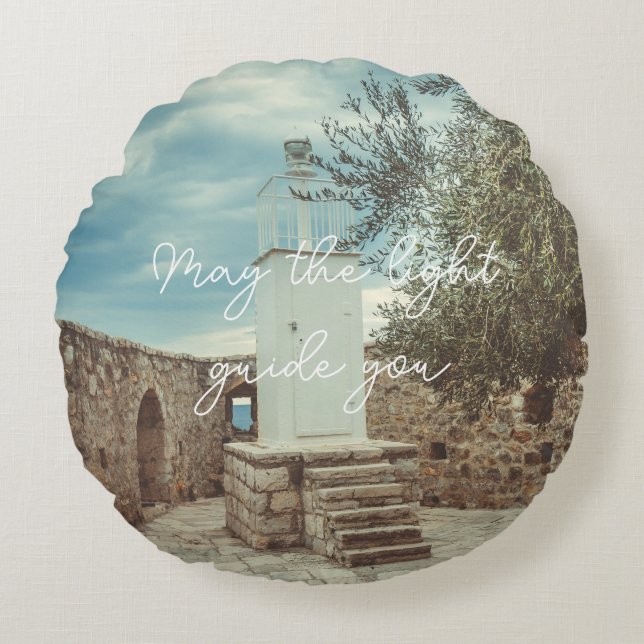 A White Lighthouse and an Olive Tree Round Cushion (Front)