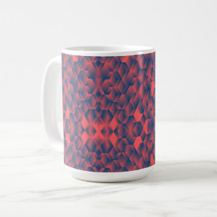 A white mug displays a vibrant geometric pattern