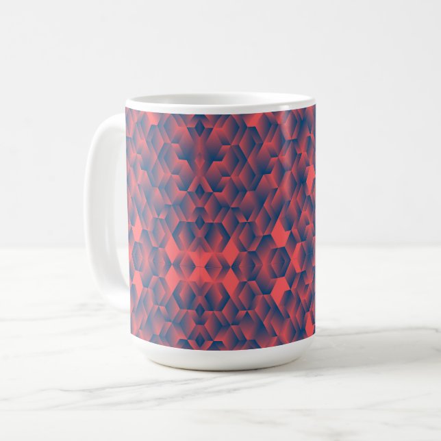 A white mug displays a vibrant geometric pattern  (Front Left)
