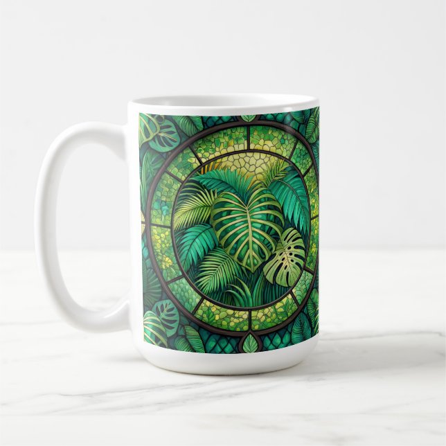 A white mug features a vibrant design of green  (Left)