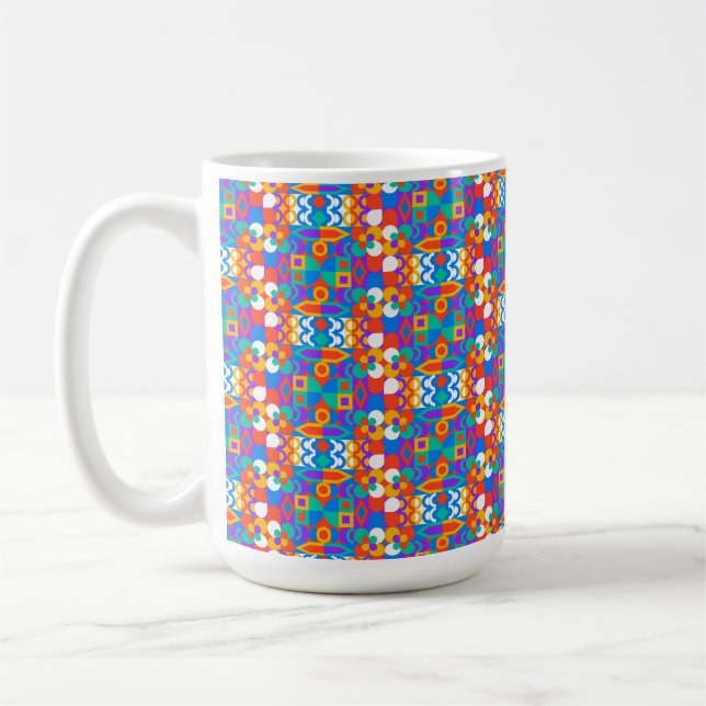 A white mug on a marble surface features a vibrant (Left)