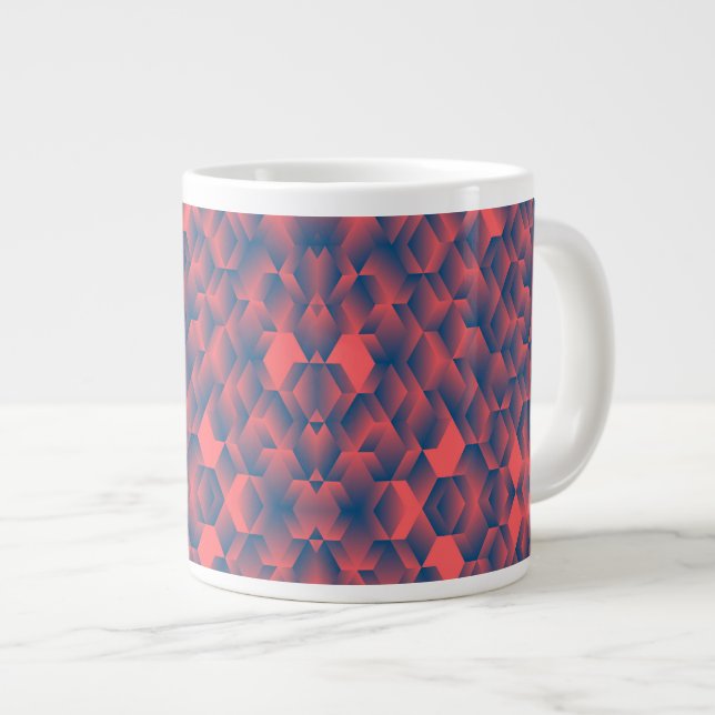 A white mug with a bold red and blue geometric  (Front Right)