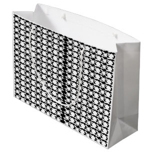 A white, symmetrical pattern featuring repetitive  large gift bag