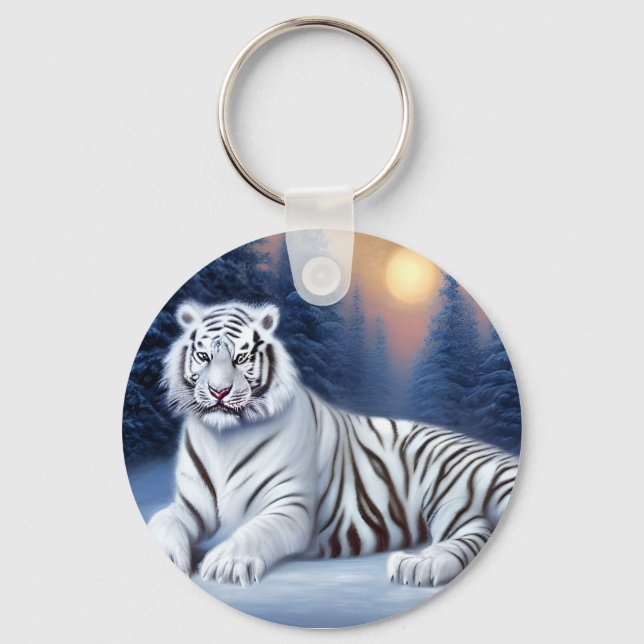 A White Tiger Sitting in the Snow Key Ring (Front)