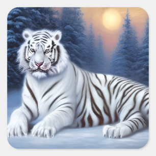 A White Tiger Sitting in the Snow  Square Sticker