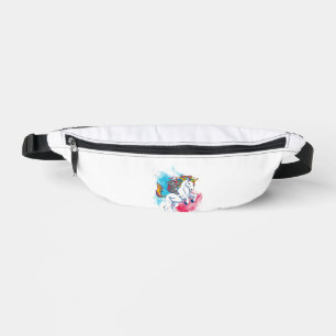 A white unicorn with rainbow tail which is ridden bum bags