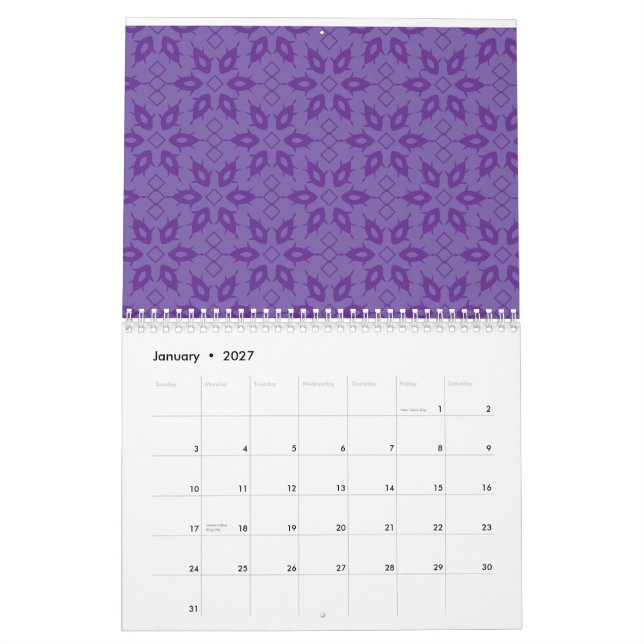 A white wrapping paper with a repeating pattern of calendar (Jan 2027)