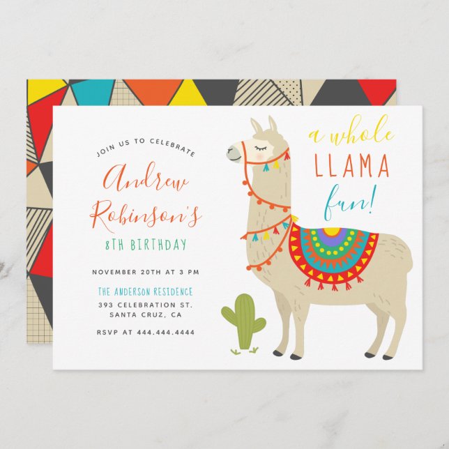 A Whole Llama Fun Animal Birthday Party Invitation (Front/Back)