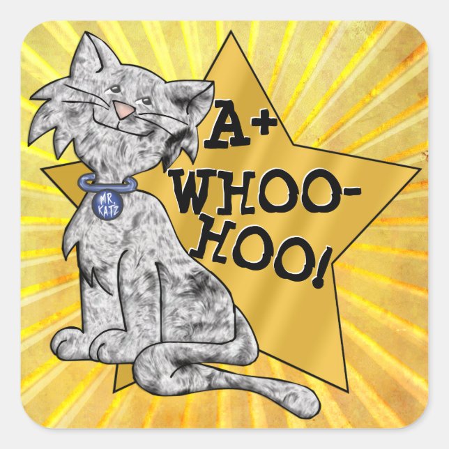 A+ Whoo-Hoo! Grey Cat, Gold Star, Square Reward Square Sticker (Front)