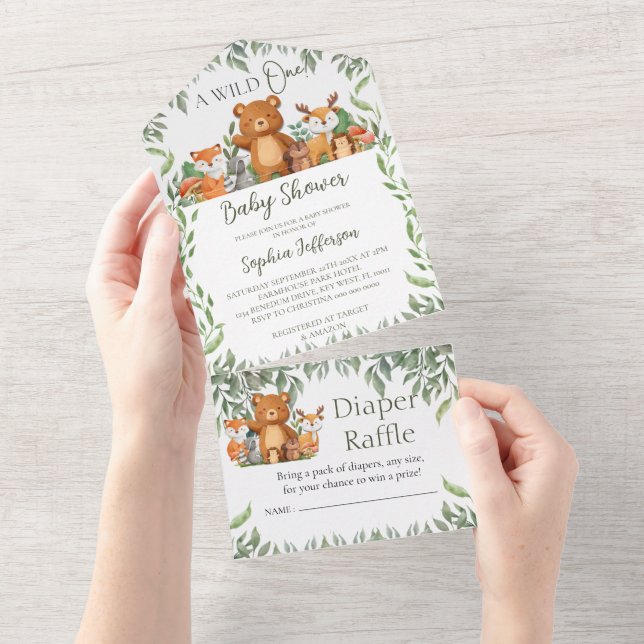 A wild ONE Greenery Woodland Animals Baby Shower All In One Invitation (Tearaway)