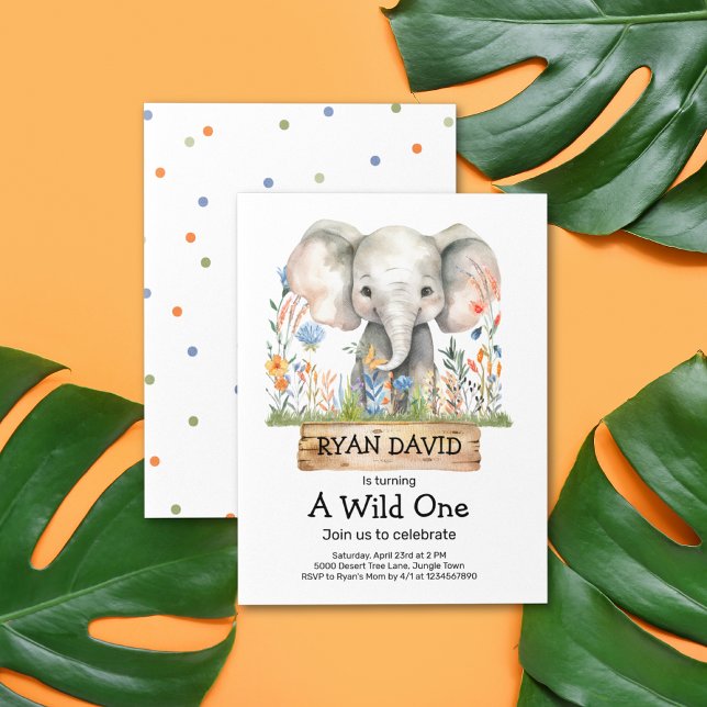 A Wild One Invitation Boys (Safari Jungle Watercolor Elephant Orange Blue Flowers Dot Pattern Wild One 1st Birthday Invitation)