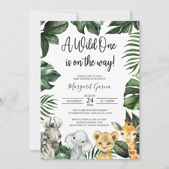 A Wild One Jungle Safari Animals Baby Shower Invitation (Front)