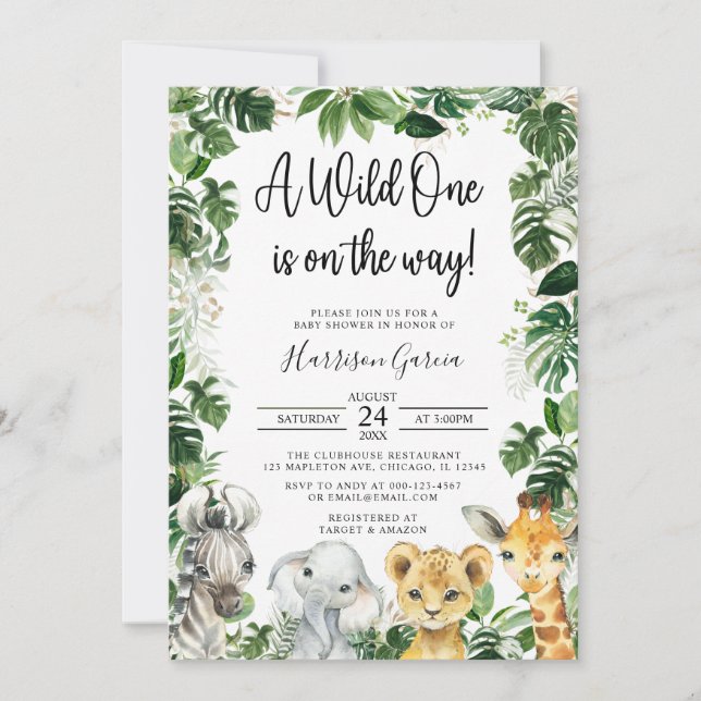 A Wild One Jungle Safari Animals Baby Shower Invitation (Front)