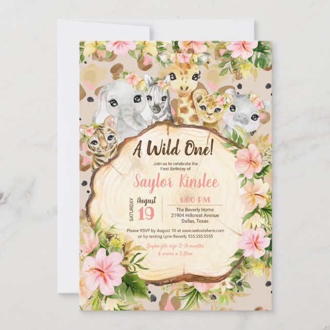 A Wild One Safari Cute Animals Girl First Birthday Invitation (Front)