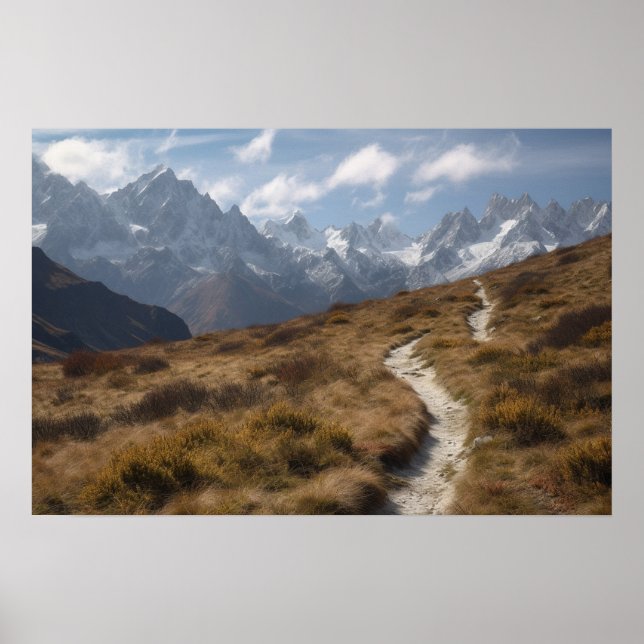 A winding path in the foothills below a mountain poster (Front)